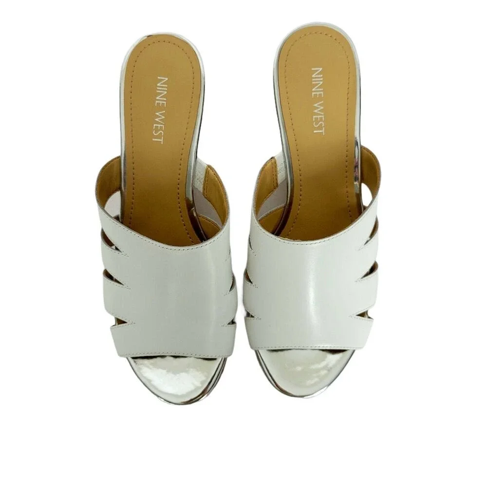 Nine West Womens White Leather Silver Wedge Mules Sandals Shoes Size 7M